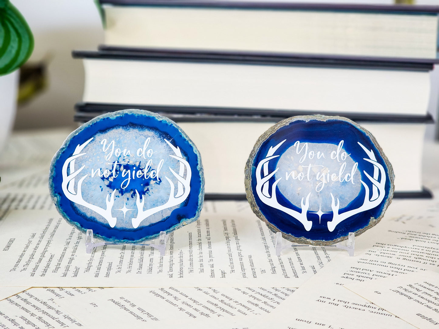 " You do not yield." | Blue Agate slice shelf sitter | Multiple colors available