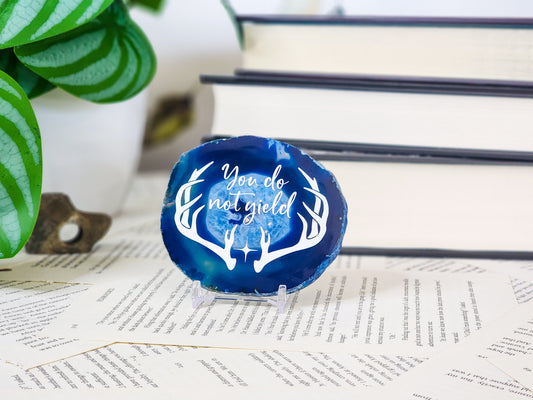" You do not yield." | Blue Agate slice shelf sitter | Multiple colors available