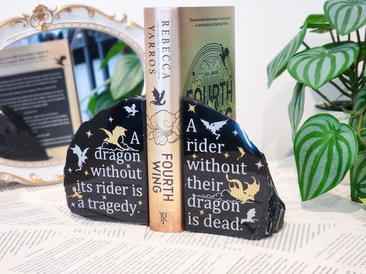 Fourth Wing by Rebecca Yarros Quote " A dragon without its rider..." | Obsidian Bookend