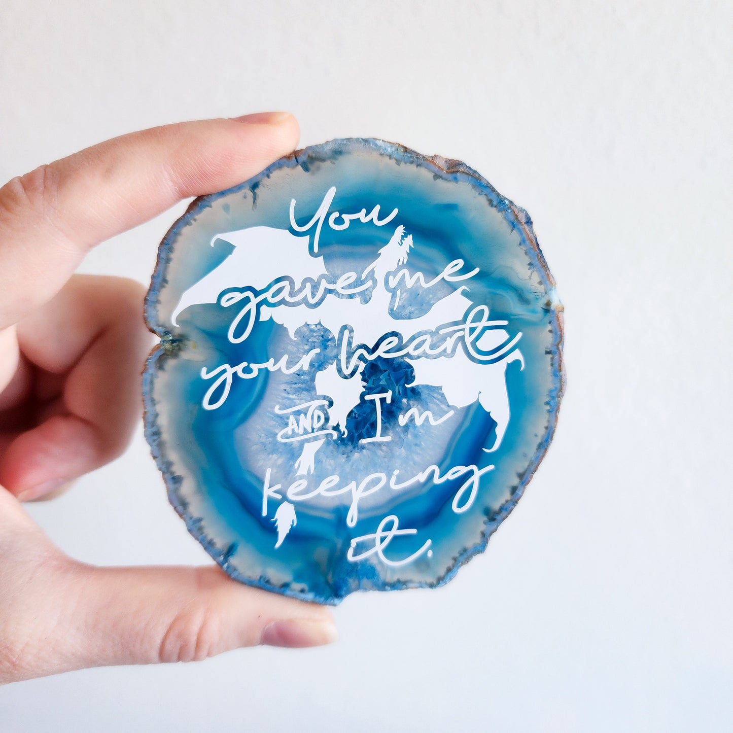 " You gave me your heart " - Fourth wing by Rebecca Yarros quote | Blue Agate slice Shelf Sitter