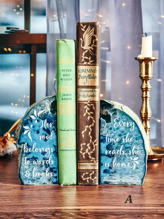 " Her soul belongs to words & books. " | Agate bookend | Multiple Colors Available