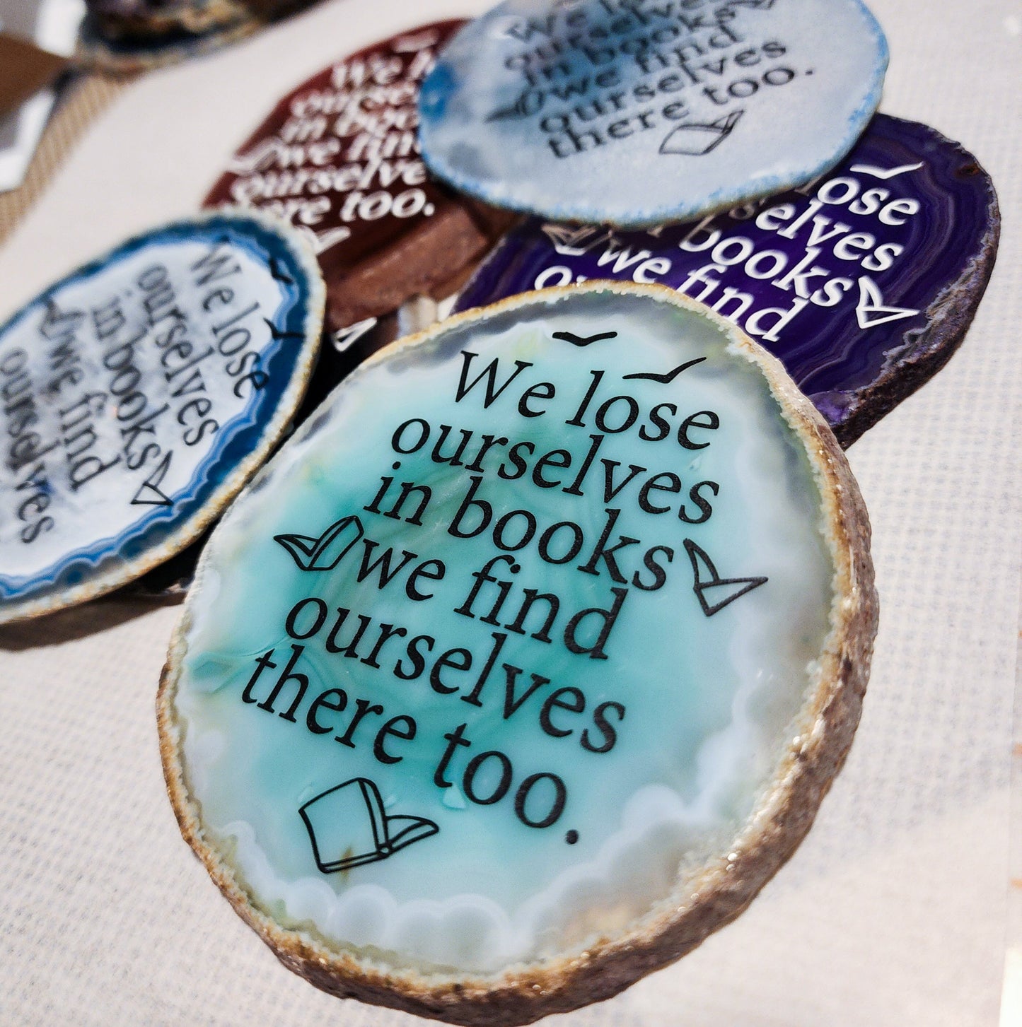 " We lose ourselves in books. " | Amber Agate slice shelf sitter | Multiple colors available