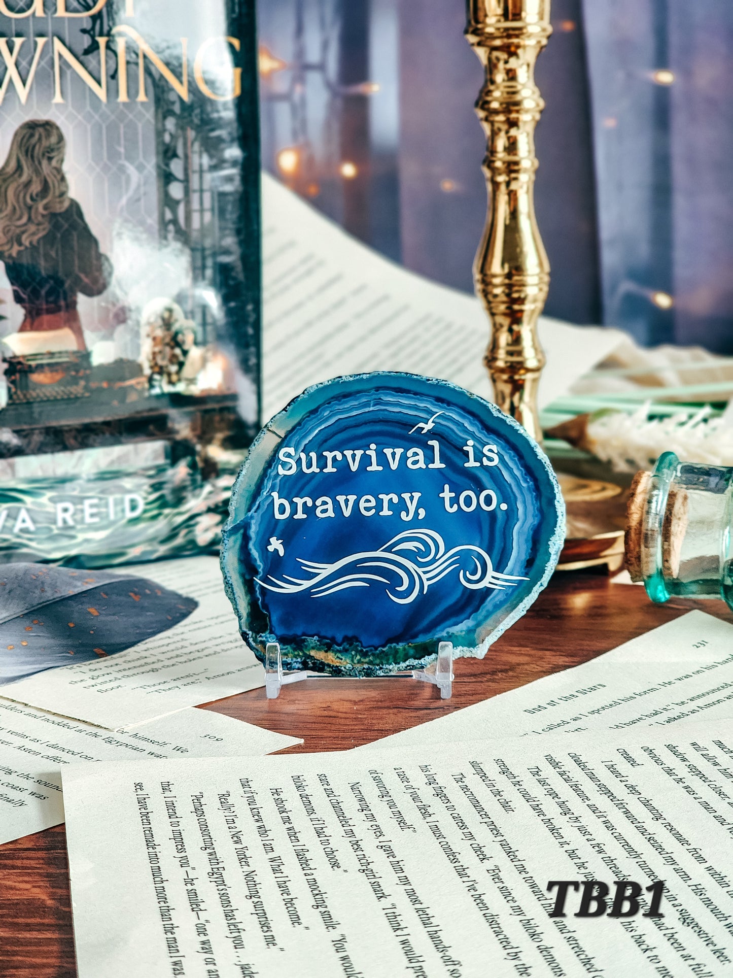 " Survival is bravery, too." | Agate Slice Shelf Sitter | Multiple colors available