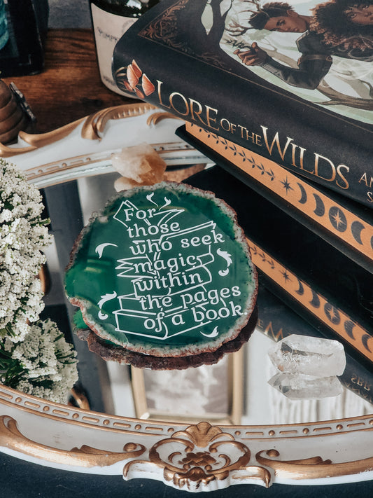 " For those who seek magic " |Green Agate Slice Shelf Sitter | Lore Of the Wilds by Analeigh Sbrana