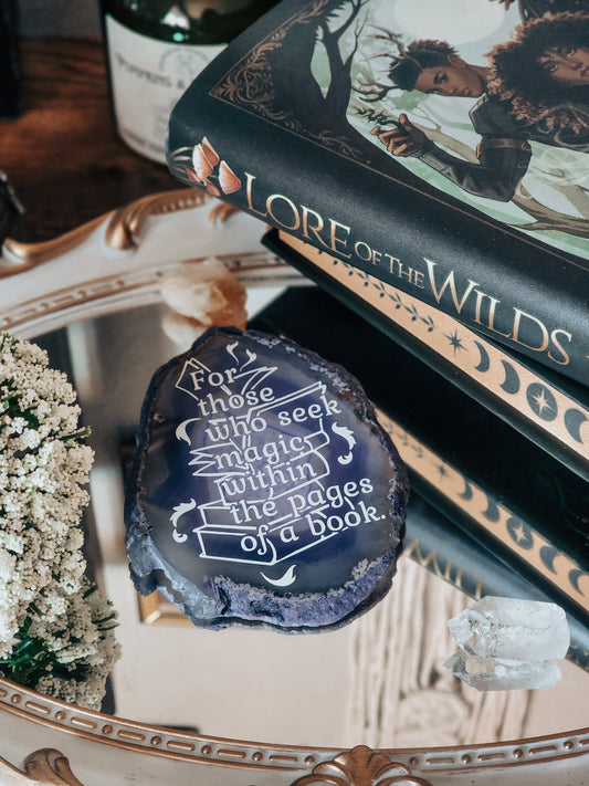 " For those who seek magic " | Purple Agate Slice Shelf Sitter | Lore Of the Wilds by Analeigh Sbrana