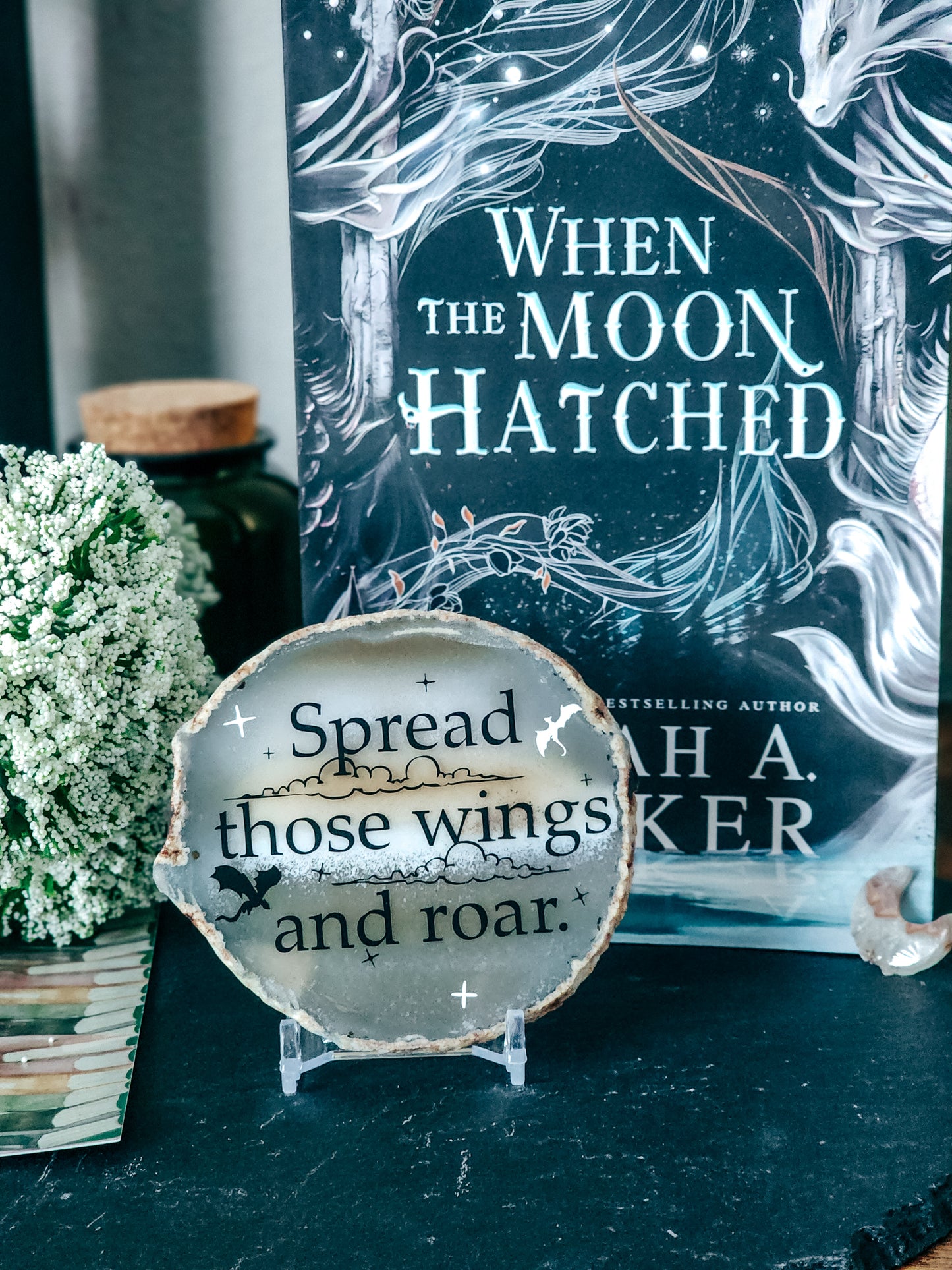 " Spread those wings and roar. " | When the Moon Hatched | Agate slice shelf sitter