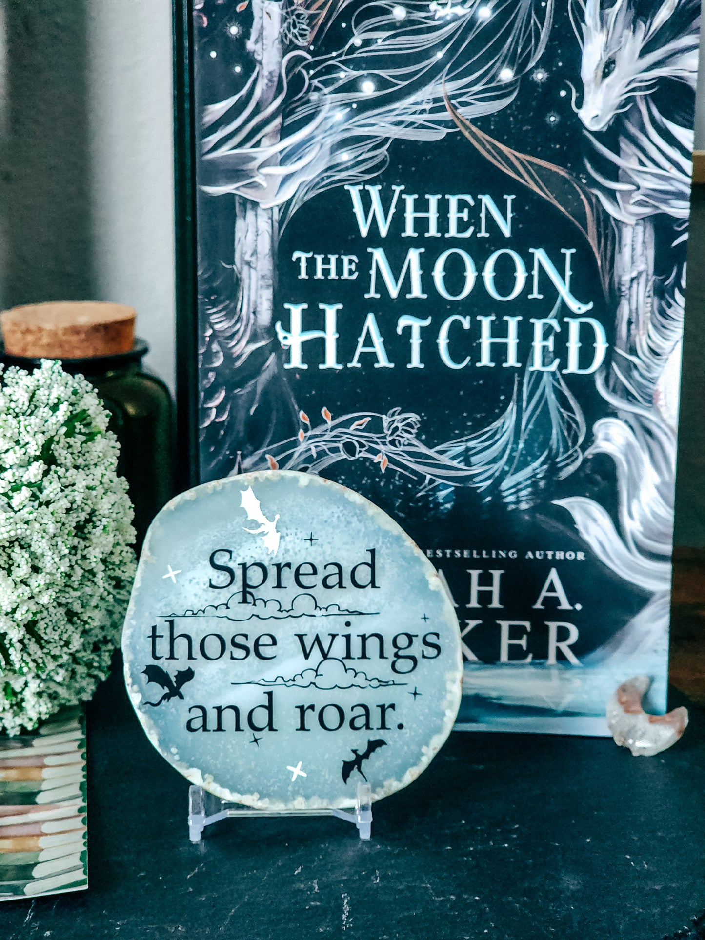 " Spread those wings and roar. " | When the Moon Hatched | Agate slice shelf sitter