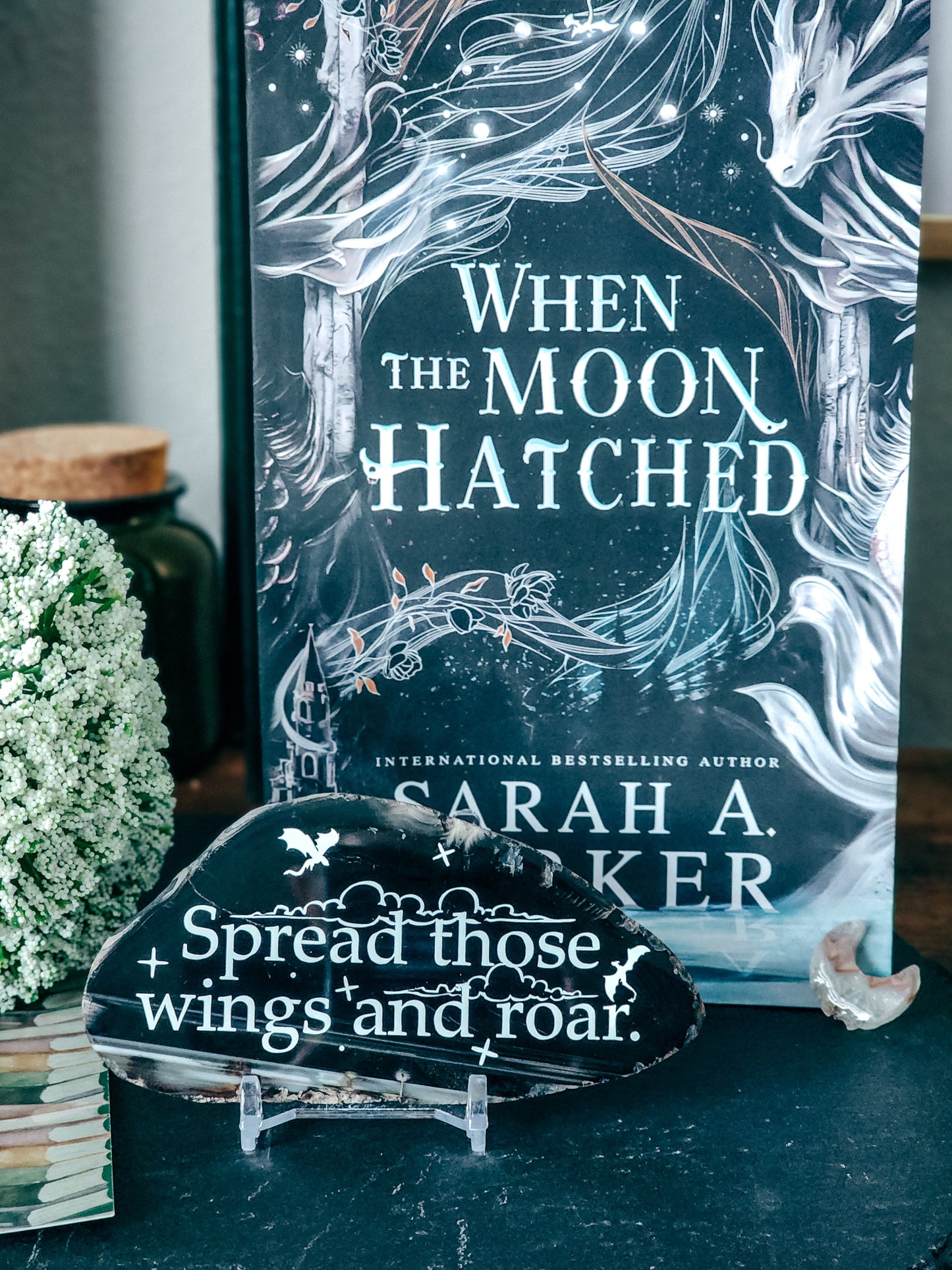 " Spread those wings and roar. " | When the Moon Hatched | Agate slice shelf sitter