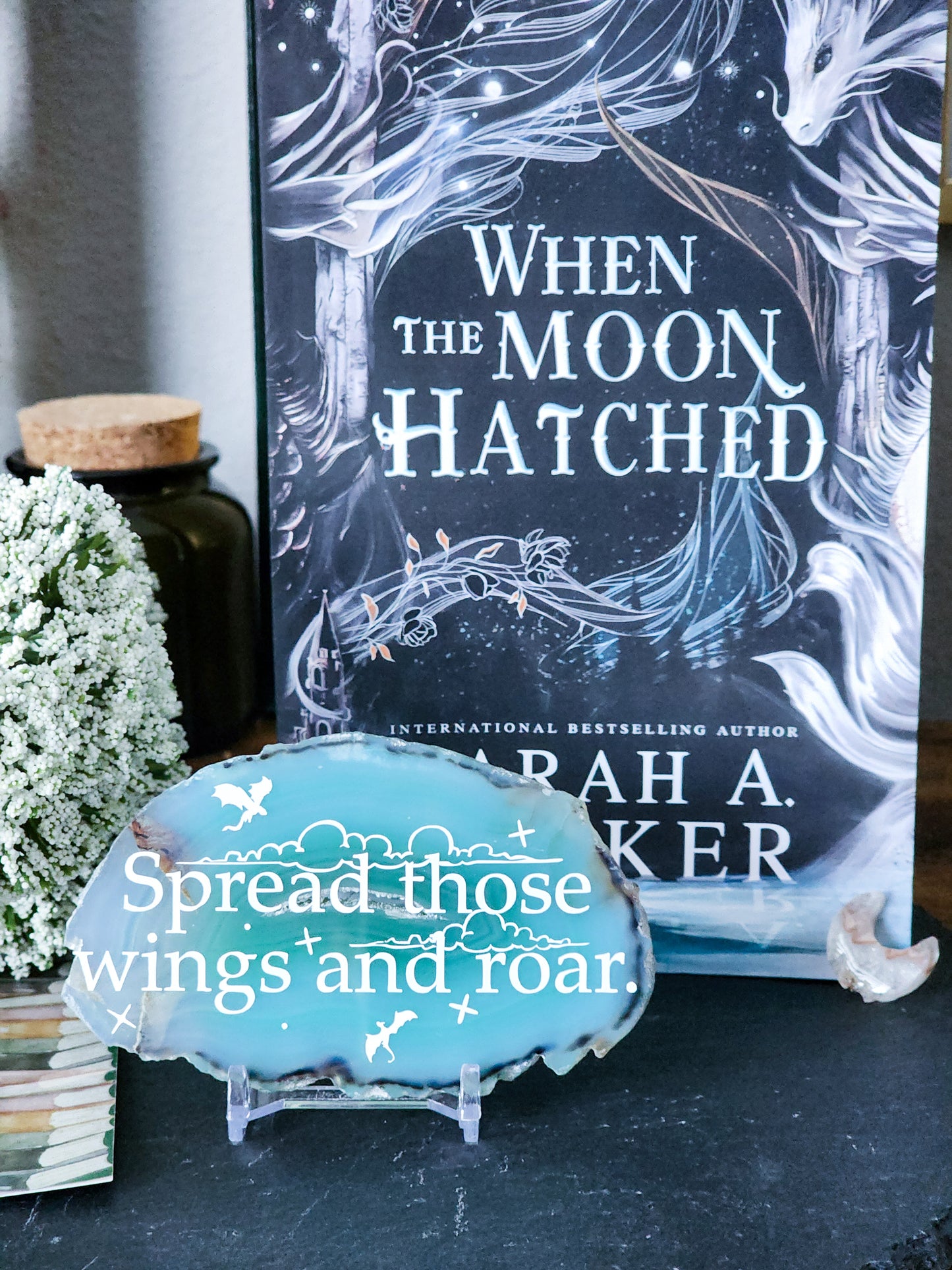 " Spread those wings and roar. " | When the Moon Hatched | Agate slice shelf sitter