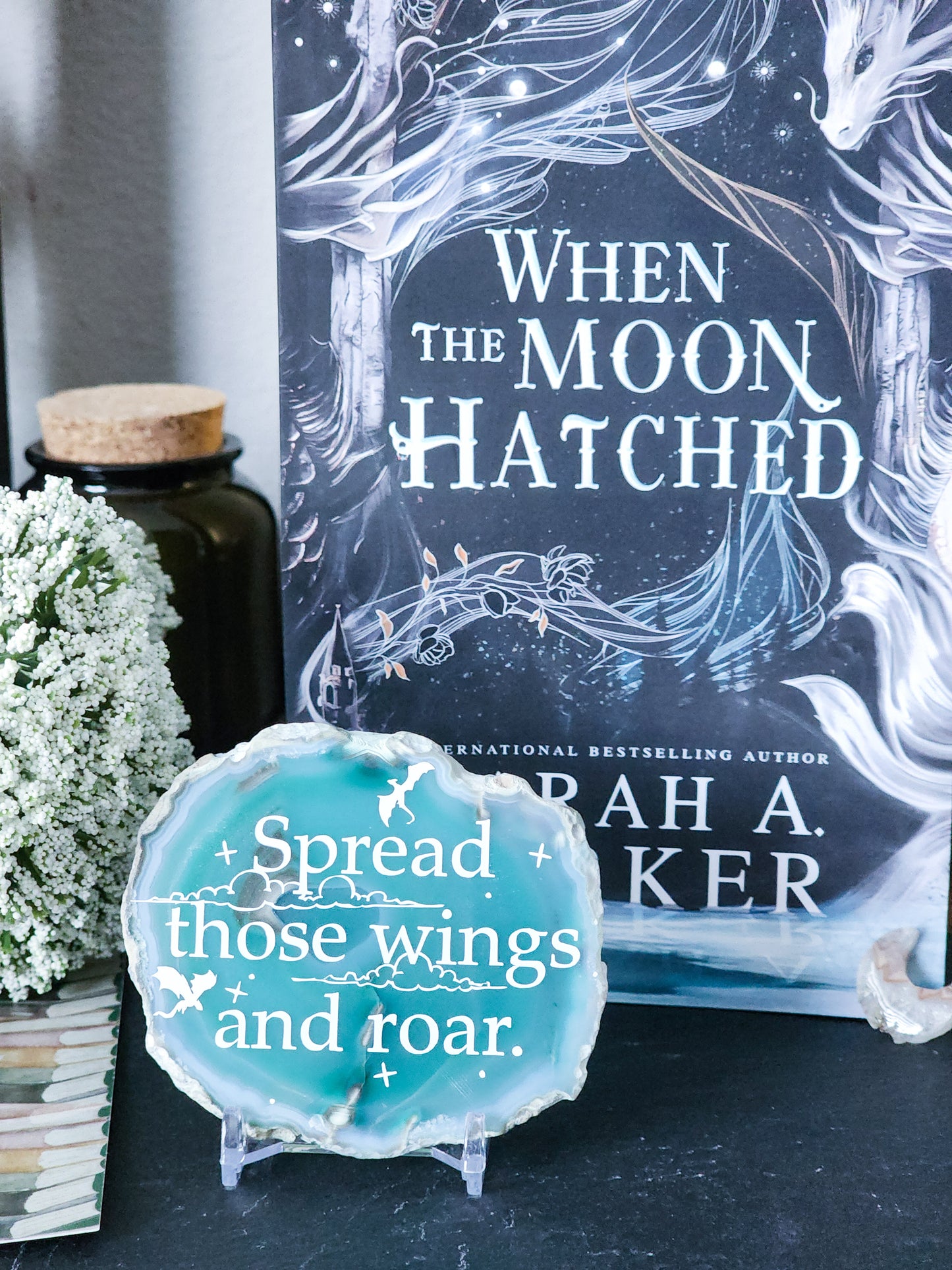 " Spread those wings and roar. " | When the Moon Hatched | Agate slice shelf sitter